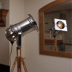 Floor Lamp - Retro Industrial Theatre Stage Spotlight On Tripod - Long Polished